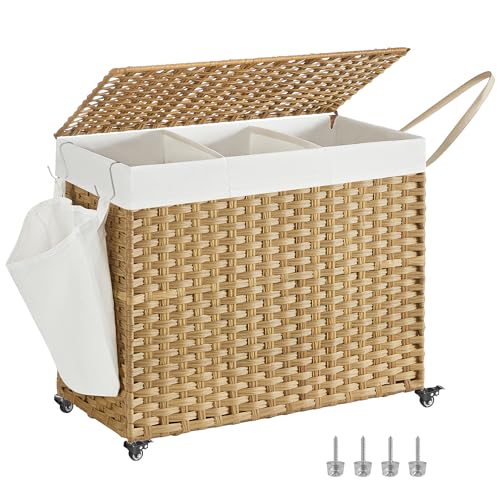 Laundry Hamper with Lid and 3 Sections - 160L Natural Synthetic Rattan Rolling Storage