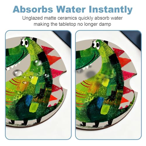 Ceramic Car Cup Holder Coasters Set of 2, 2.56 in Green Dinosaur