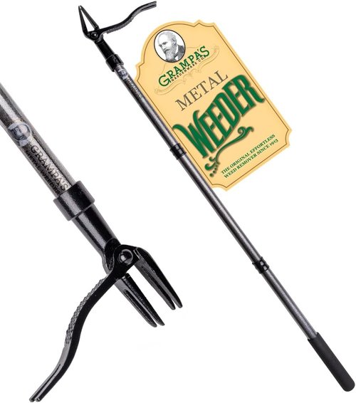 Grampa's Metal Weeder - Stand Up Weed Puller Tool with Steel Handle & 4-Claw Head | Effortless Weeding (Black)