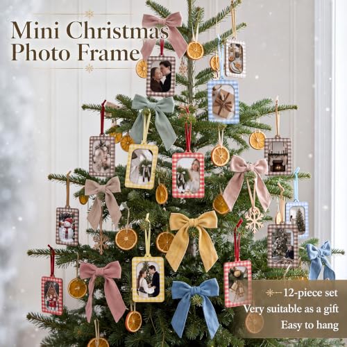 Pinkunn 12 Pcs Christmas Gingham Photo Frame Ornaments 2x3 in Multi Color - Cotton Rustic
