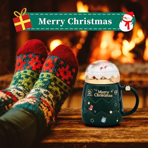 Peclek Green 17.6 oz Christmas Mug with Snow Globe Lid - Festive Ceramic Coffee Cup