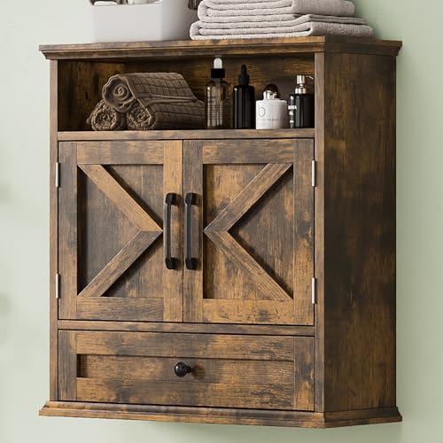 Rustic Brown Bathroom Wall Cabinet - 24.4"H x 23.6"W x 9"D Wall Mounted Medicine Cabinet