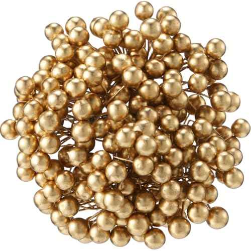 BBTO 200 Pack Artificial Holly Christmas Berries on 100 Wire Stems 8 mm Fake Berries for Christmas Tree Decorations Wreath Craft Wedding Party Favor (Gold)