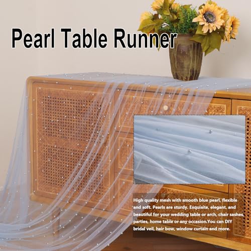 Blue Pearl Tulle Table Runner 10ft with 29.5" x 120" Pearl Cut Edge, Quandjk