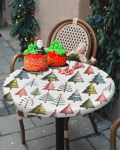 55-60in Round Fitted Christmas Tablecloth with Elastic Edge Waterproof White Tree Pattern