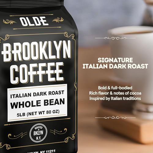BROOKLYN COFFEE Whole Bean, Italian Dark Roast (5lb) Extra Strong,