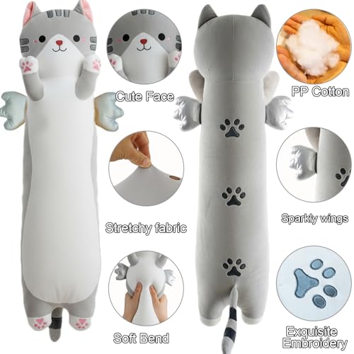 Long Cat Plush Pillow, Cute Stuffed Animal Body Pillow with Wings,