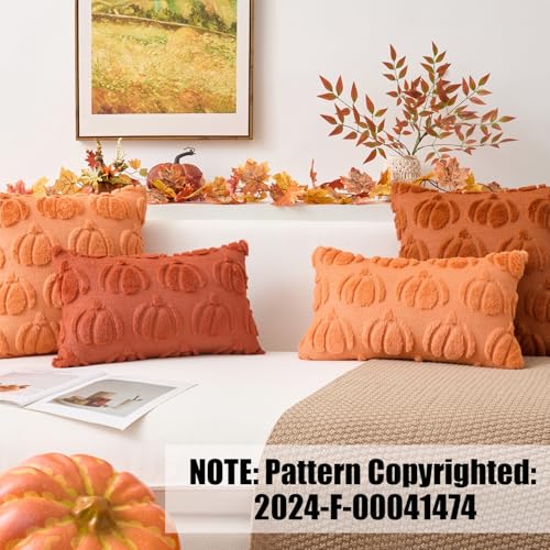Kevin Textile Fall Pillow Covers 18x18 Inch Set of 2 Soft Pumpkins Decorative Square Pillowcases Plush Autumn Faux Fur Cushions Harvest Gift for Couch Sofa Chair Bedroom Home Decor, Orange
