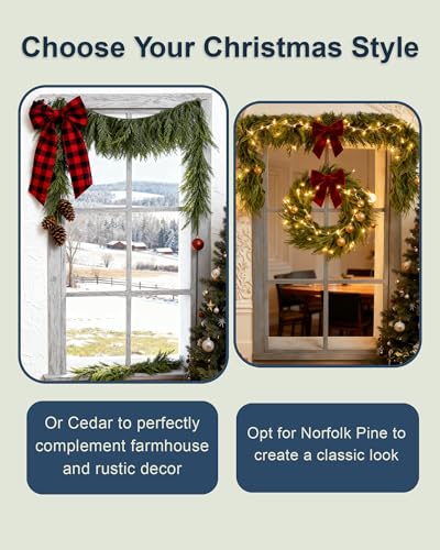 12FT Real Touch Cedar Garland, 2 Pack 6FT Unlit Faux Pine Christmas