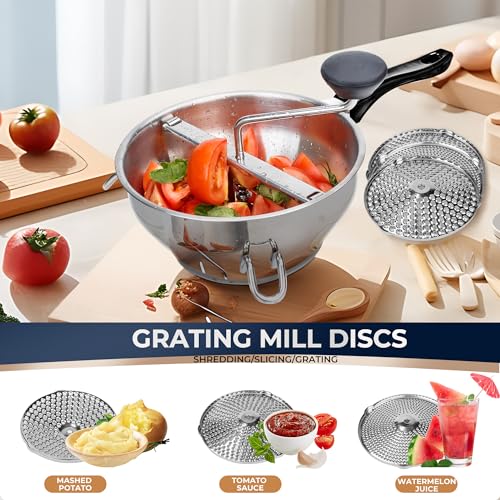 Gemfino Stainless Steel Food Mill with 3 Discs & Blue Silicone Spoon - Durable Hand-Crank Kitchen Tool for Tomatoes, Potatoes, Jams