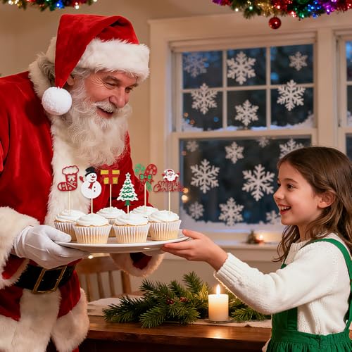 Tauywolci Christmas Style 24 PCS Glitter Cupcake Toppers - Santa Snowman Xmas Decorations
