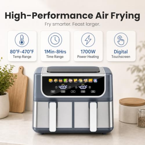 OLIXIS Dual Air Fryers with 2 Baskets 9.5 Qt Large Capacity 10-in-1, Grey / 16 x 14 x 11.5 inches