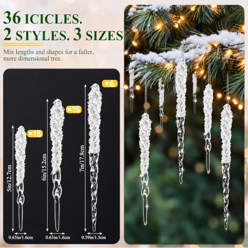 Snow-Look Acrylic Icicle Ornaments 36-Piece Christmas Tree Decorations