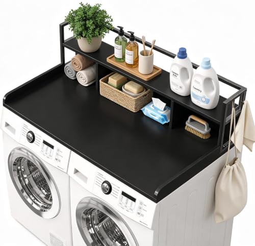 2-Tier Laundry Countertop with Hooks - 54 x 27.5 Inches, Black Finish