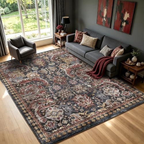 Washable Area Rug - Vintage Tribal Design, Non-Slip Water-Resistant, 6' x 9', Rust - Perfect for Living Room & Bedroom