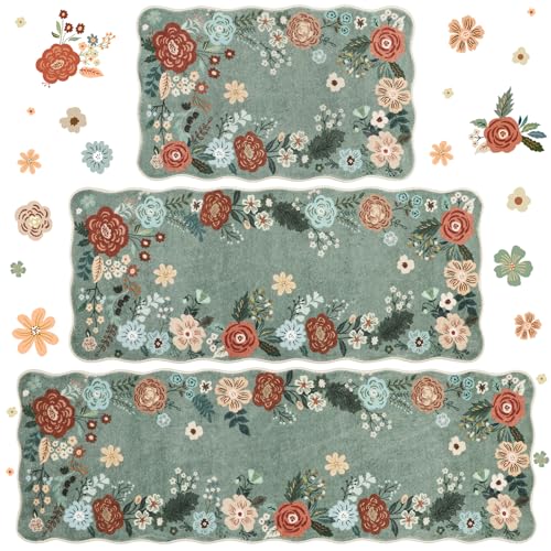 Homcomoda Grass Green Floral Kitchen Rugs 3PC Set Non Slip Washable Floor Mats
