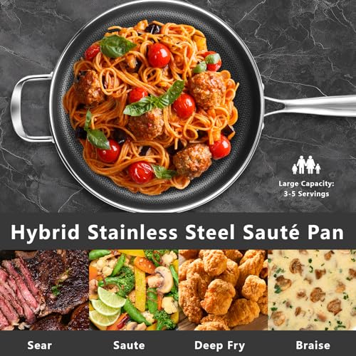 12-Inch Hybrid Nonstick Deep Sauté Pan with Lid - 5.6 Qt Stainless Steel
