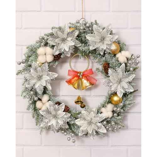 Poinsettias Artificial Christmas Flowers Decorations - 12 Pcs Artificial Silver Poinsettia Flowers for Christmas Tree,Fake Glitter Poinsettia 5.5" with Clips Stems for Home Outdoor Decor(Silver)