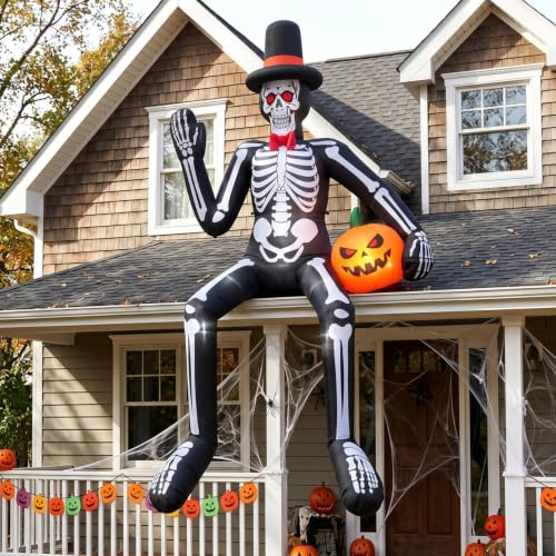 JOVIPOP 14ft Inflatable Sitting Skeleton Halloween Decor with Lights & Pumpkins