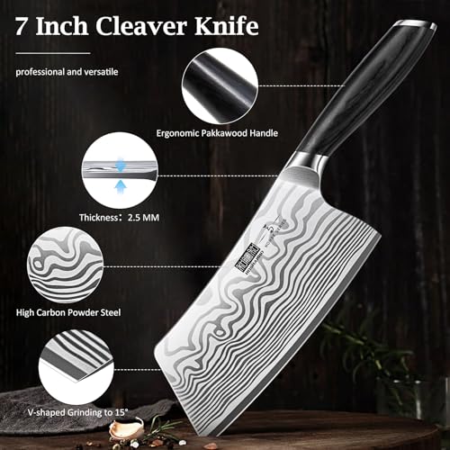 7-Inch Razor Sharp Cleaver Knife - Heavy Duty Powder Steel Kitchen Meat Cleaver - Variation of 6.8"