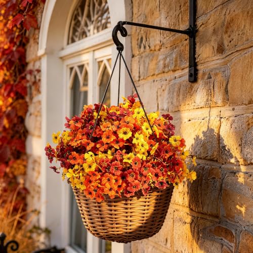 Artificial Mums for Outdoors - 18 Pack Faux Flowers with Eucalyptus Leaves - Orange, Yellow & Burgundy