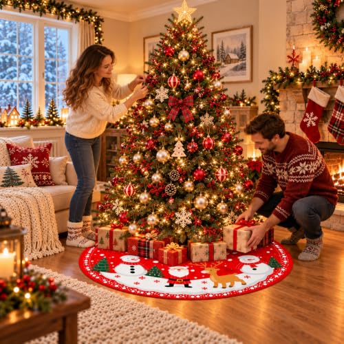 Christmassy 47in Red Christmas Tree Skirt with Santa, Snowmen & Reindeer Print