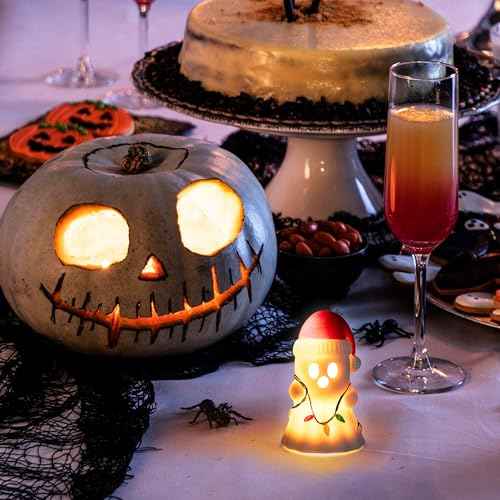 Christmas Ghost Decor - Halloween White Ghost with Santa Hat Led Night Light Little Boo Figurine Statue Festival Lamp Table Topper Decoration for Home Garden Room Halloween Xmas Decor Supplies