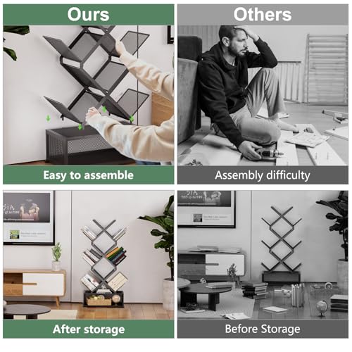 Big Black 9-Tier Space Saving Tree Bookshelf - Folding Metal Storage Shelf