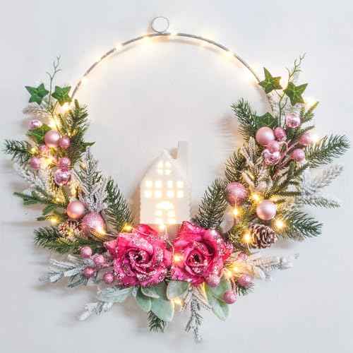 Christmas Wreath Decor -18inch Pink Wreaths for Front Door with Ball Ornament Pine Needles Berries,prelit Pink Door Wreath 40 LED Lights,Wall Fireplace Mantle and Porch Decoration