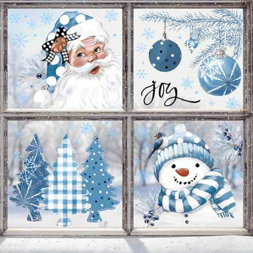Whaline 9 Sheets Vintage Christmas Window Cling Stickers Retro Blue Xmas Tree Santa Snowman Reusable Window Decals for Winter Party Home Office Classroom Decoration