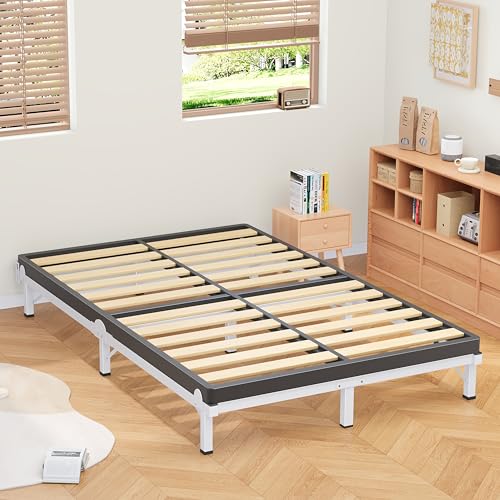 White Queen Metal Bed Frame 8-Inch Support with 9 Legs, Folding Design