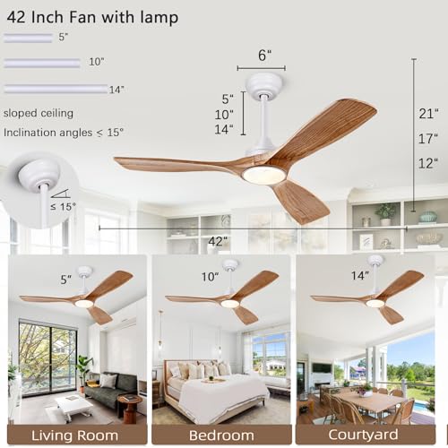 42 Inch Wooden Ceiling Fan with Lights - White & Light Walnut, Remote & App Control