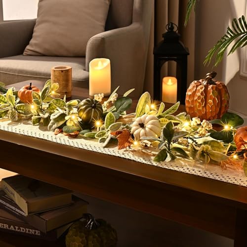 Green Fall Garland with Lights - 6 Ft Eucalyptus & Pumpkin Decor Set - 2 Pcs