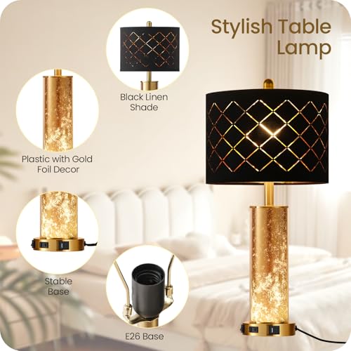 Modern Black 25.6" Set of 2 Bedside Table Lamps with USB & Nightlight - Gold Accent
