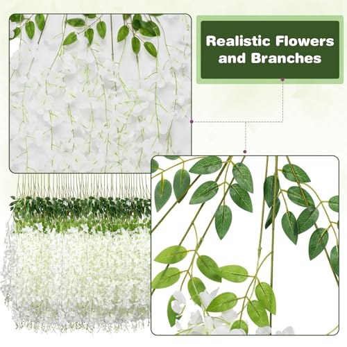Artificial White Wisteria Hanging Flowers 12-Pack - Decorative Faux Vines for Wedding and Party Decor