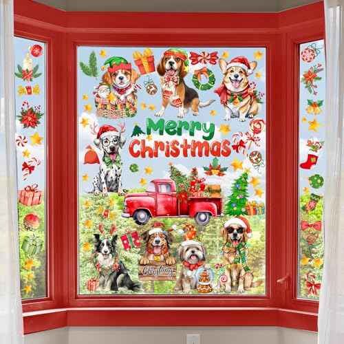 Geyoga 6 Sheets 98 Pcs Christmas Window Clings Stickers Pet Dog Window Clings Reusable Christmas Puppy Window Sticker Decor Decal Sticker for Home Party Shop Showcase Supplies(Christmas Dog)