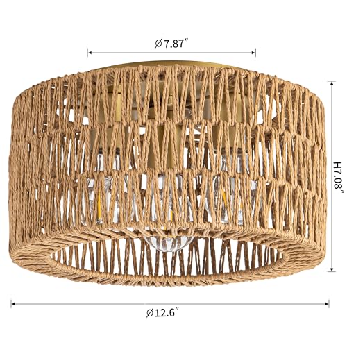 Gold 3-Light Rattan Ceiling Light Fixture Boho Woven Flush Mount for Bedroom Living Room