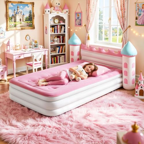 Lewondr Pink Castle Toddler Inflatable Bed with Electric Air Pump - Girl's Play & Sleep Bed, 3D Castle Headboard, Safe & Quick Inflate