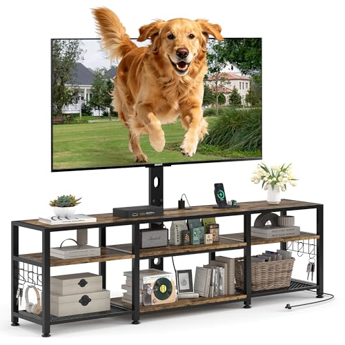 VECELO 63-inch TV Stand with Mount, Power Outlets & Open Shelves, Rustic Wood & Metal Frame