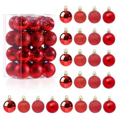 24PCS Mini Red Christmas Ornaments Balls, 1.2 Inch Small Shatterproof Red Christmas Ornaments Hanging Ball, 4 Style Plastic Tree Balls for Xmas Decor, Wedding, Birthday Party Favors