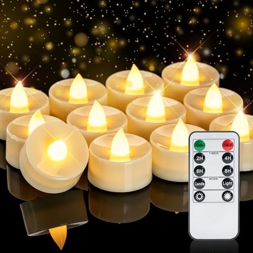 Homemory 12-Pack Remote Flameless Tea Light Candles with Timer, Warm White Ivory Body