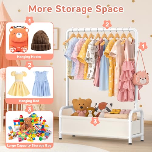Kids Dress Up Rack - Black Classic Kids Clothing Organizer with Hooks & Storage Basket - 31.5W x 11.8D x 49.2H, Black