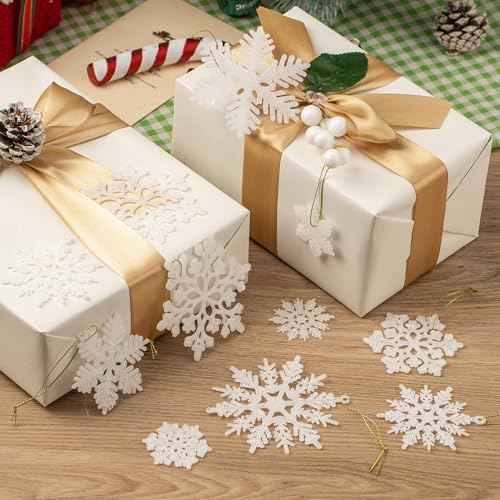 Crafare 48pcs White Plastic Glitter Snowflakes Hanging Ornaments for Christmas Tree Indoor Winter Wonderland Decor