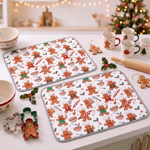 Gingerbread Chef Dish Drying Mats (2 Pack) — Christmas Kitchen Decor, 15x20 in