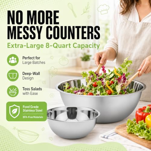 8 Qt Stainless Steel Mixing Bowl - Large Heavy Duty Kitchen Bowl for Baking & Prep