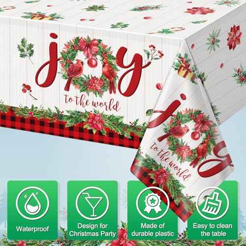 3Pcs Christmas Plastic Tablecloths, Disposable Rectangle Holly Garland Table Covers Joy to The World Poinsettias and Holly Berry Table Cloth for Xmas Winter Party Decorations and Supplies,54x108inch