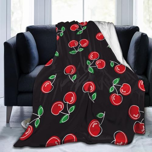 GVGOAGL Red Cherry Black Lightweight Throw Blanket 80x60 for Adults - Cozy Flannel Bed Cover