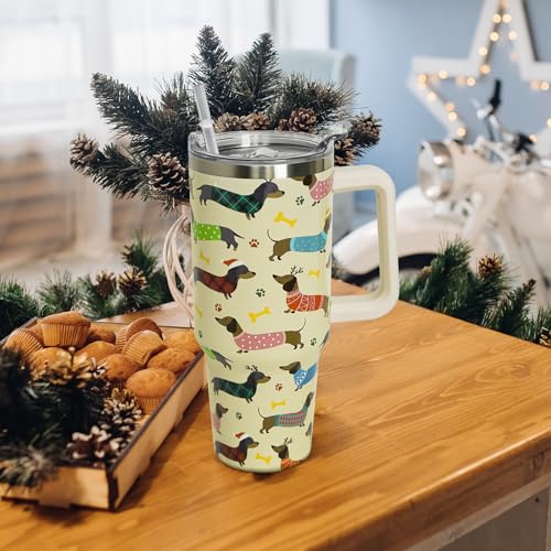 Dachshund 40 oz Tumbler with Handle & Straw - Red Dachshund Christmas Travel Mug