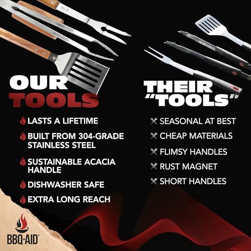 BBQ 3 Pcs Set - Heavy Duty Stainless Steel Grill Tools with Hard Wood Handles - BBQ-Aid