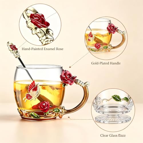 FDINF Red Butterfly Rose Glass Tea Cup with Spoon – Gift Gift Box